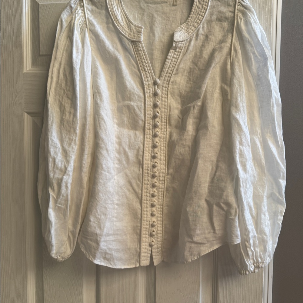 Elie Tahari Elegant 100% Linen White Button-Up Blouse Sz L